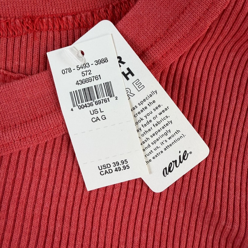 Aerie Shirt Womens Large Red Ribbed Henley Long Sleeve Stretch Knit Basic Top - Picture 2 of 8